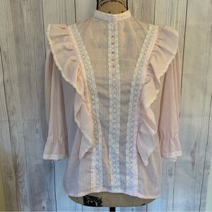 Vintage Blush Pink Ruffle Lace Trim Button Back Blouse Cottagecore Cottage Core